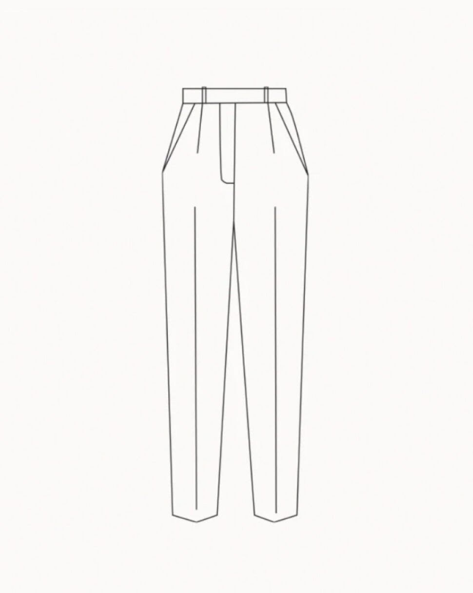 Sketch showing the silhouette of tapered fit trousers.