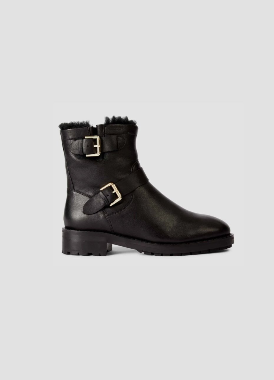 Women’s flat leather boot with a buckle design from Hobbs.