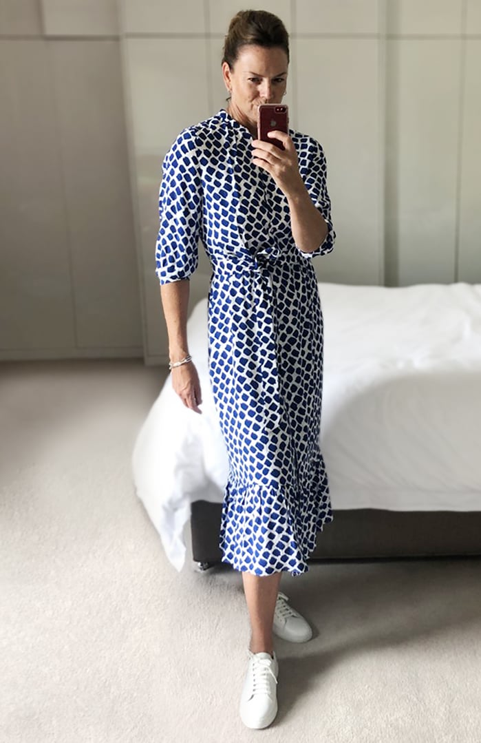 Sally shows us how to style a blue and white shirt dress whether staying in or socialising. 