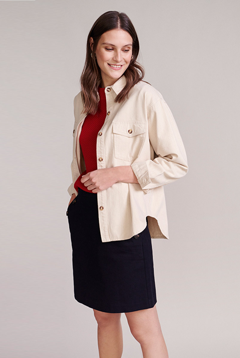 Model wears a relaxed shacket.