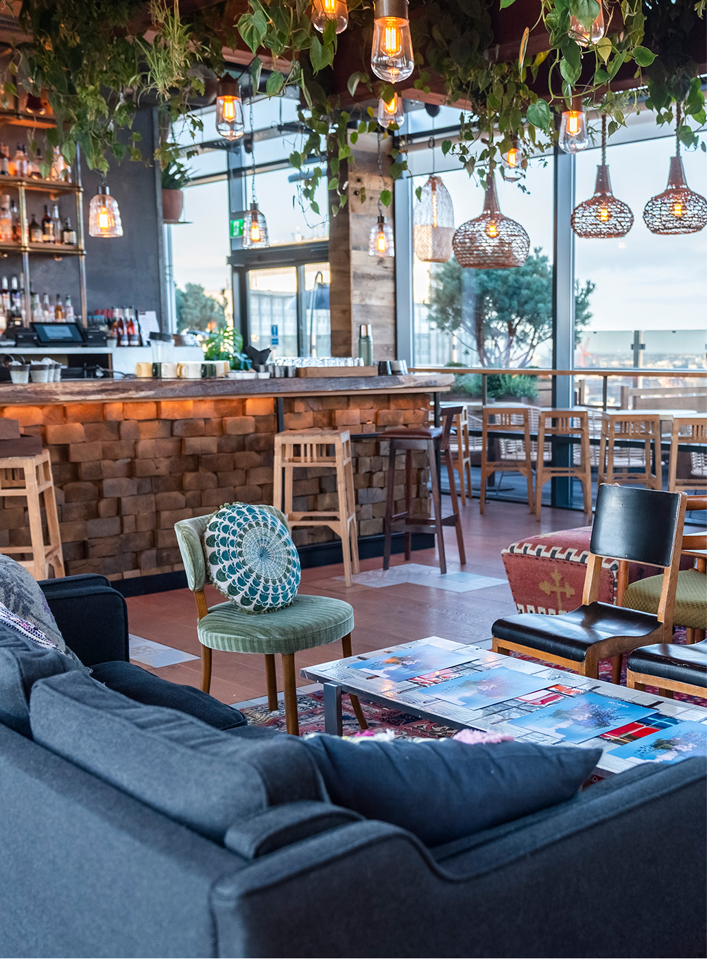 The bohemian inspired interior of rooftop London restaurant, The Nest.