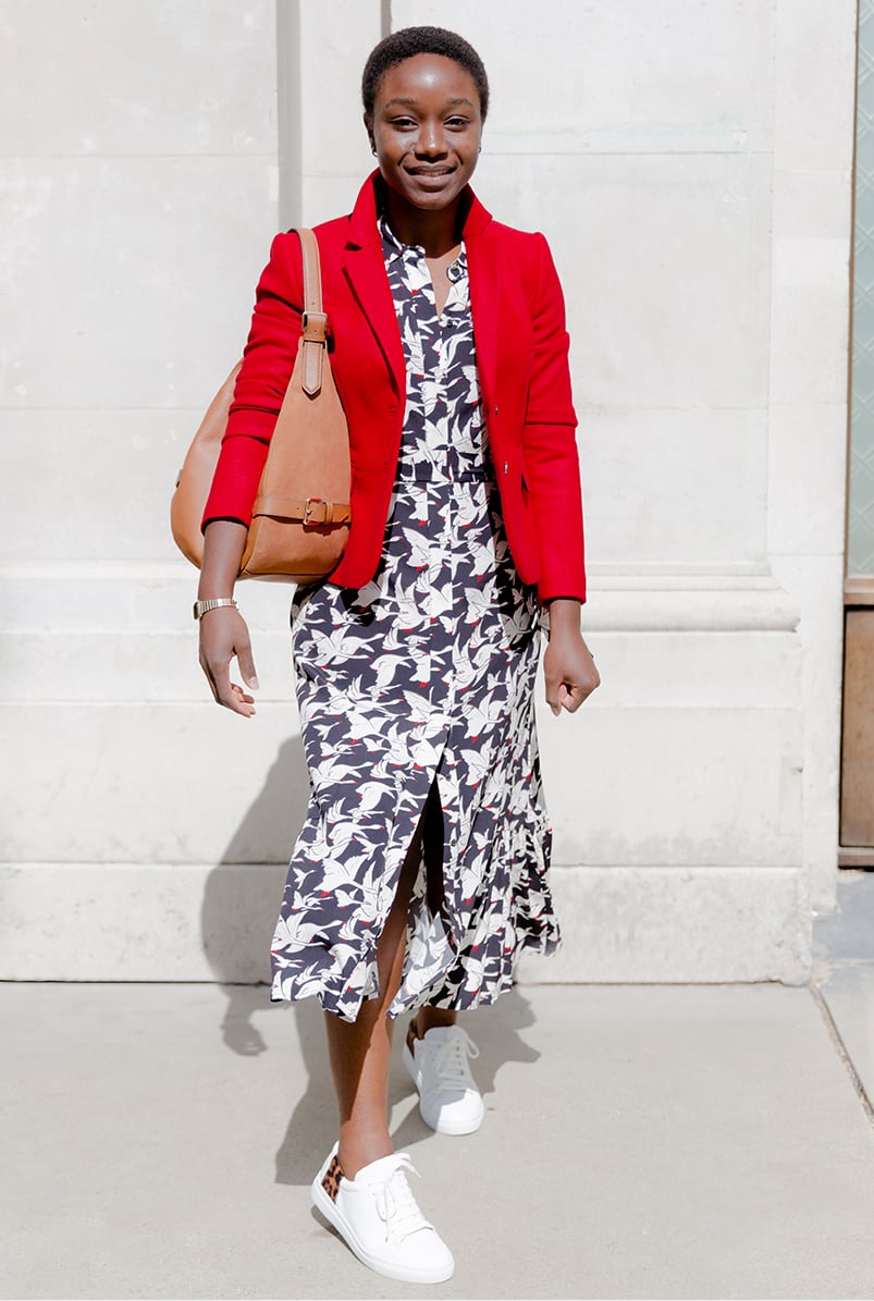 Hobbs red autumn winter wool jackets and blazers styled with a shirt dress and leather trainers 