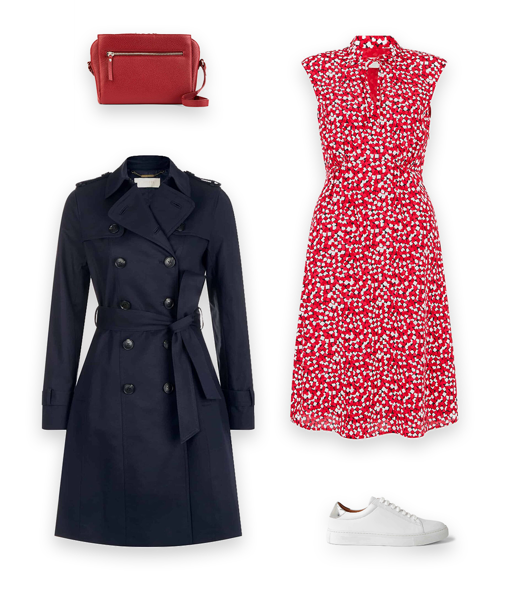 A timeless trench coat outfit, styles a classic Hobbs navy blue trench coat with a ared floral dress, white leather trainers and a red leather drocc body bag. 