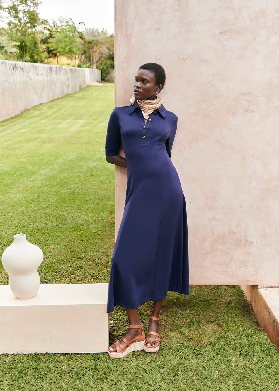 An image of a model wearing a Hobbs’ ponte dress.