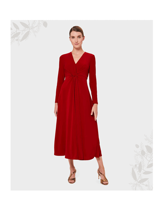 Model wears a red midi dress with bronze metallic heeled sandals from Hobbs.