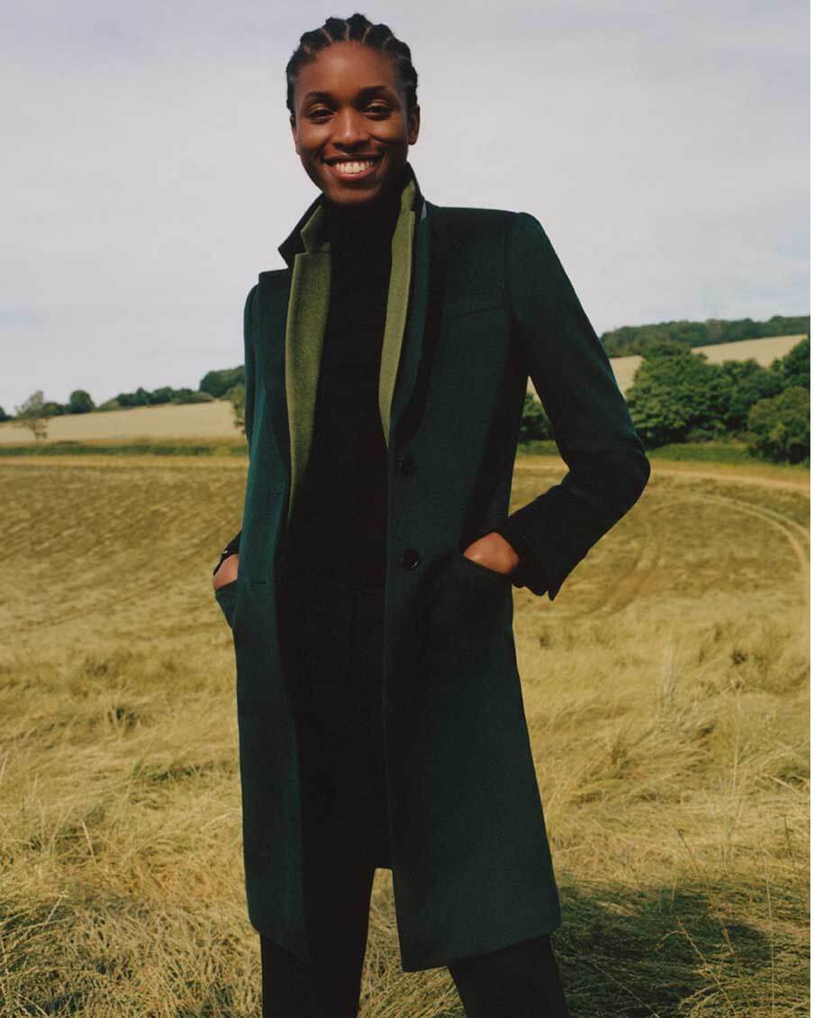 Close-up of two models standing on a station platform wearing Hobbs wool coats.