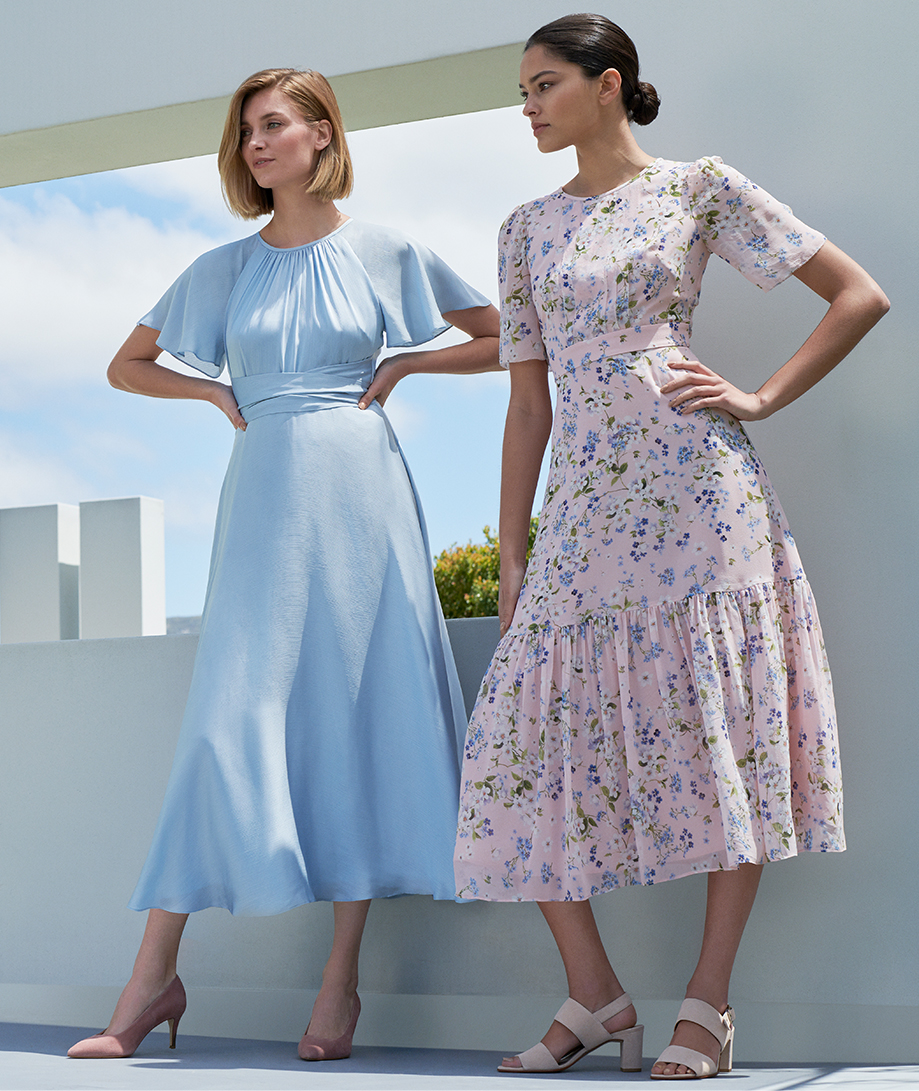 Satin occasion dress in pale blue and pink midi length floral occasion dress by Hobbs.