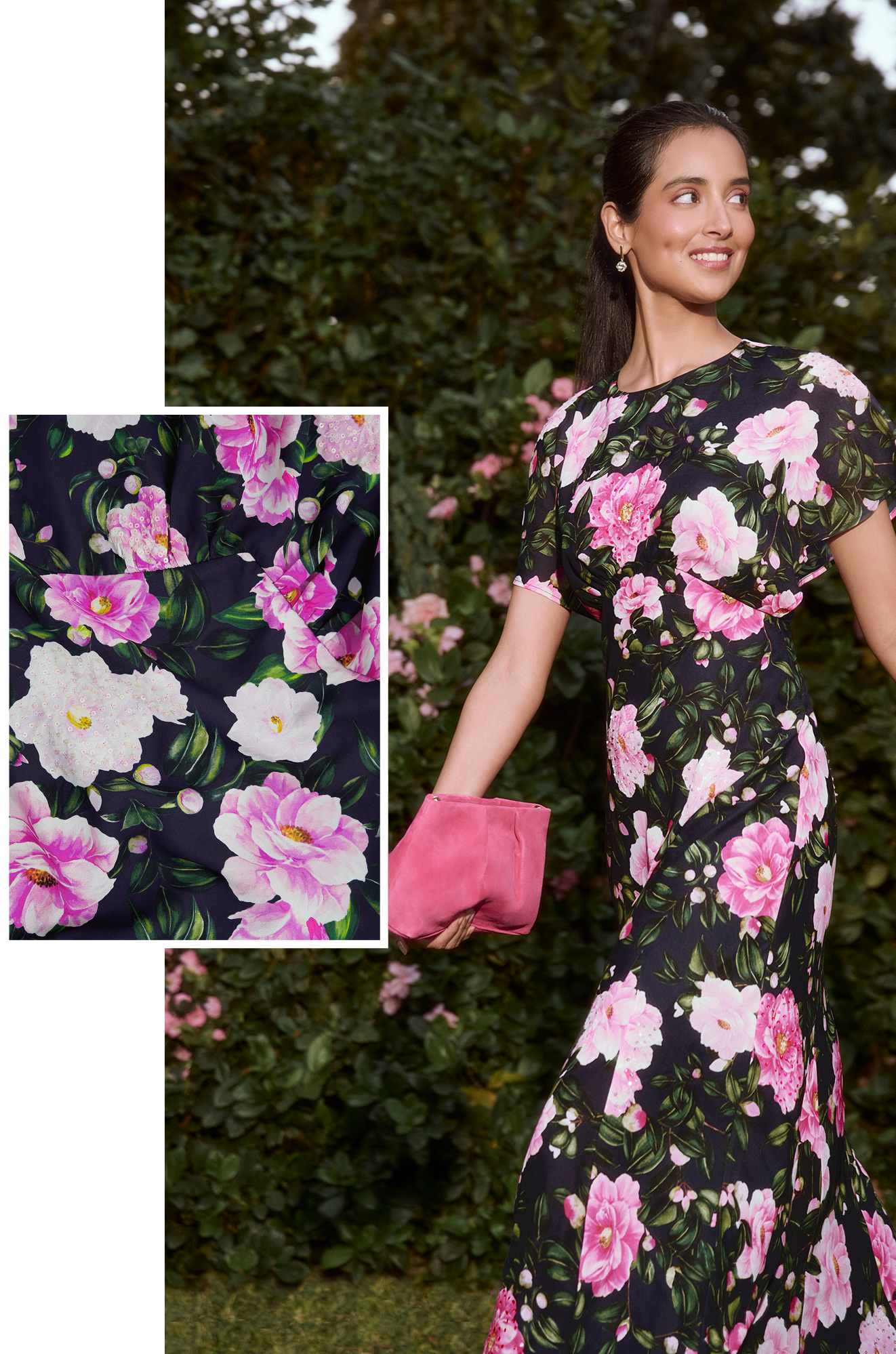 A collage of four images showcasing two occasion dresses and fabric close-ups designed by Hobbs.
