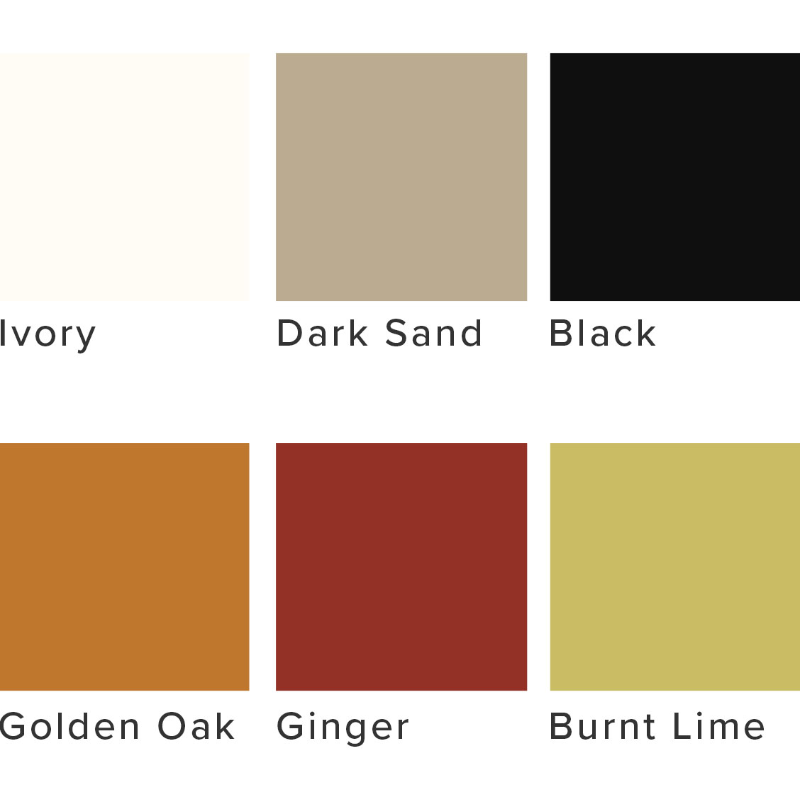 Colour palette including ivory, orange, rust red and black.