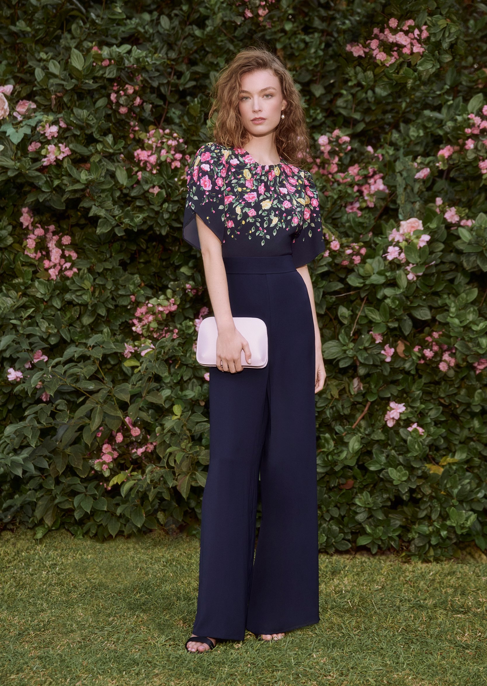 A collage of two images of models wearing floral occasion outfits by Hobbs.