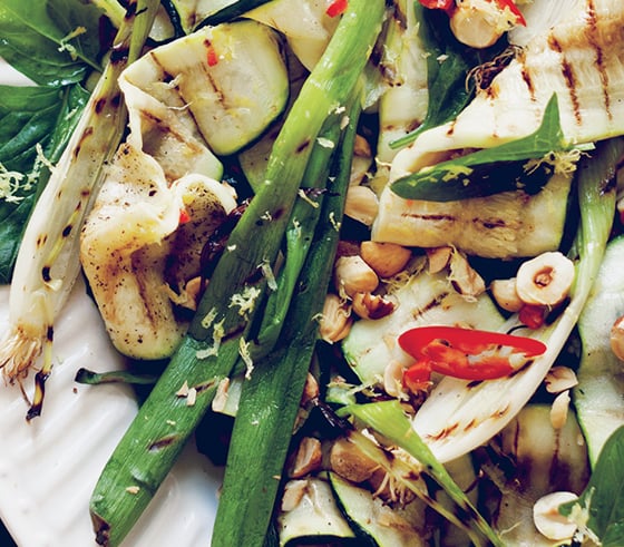 Detail shot of Grilled Courgette with Spring Onion and Hazelnut