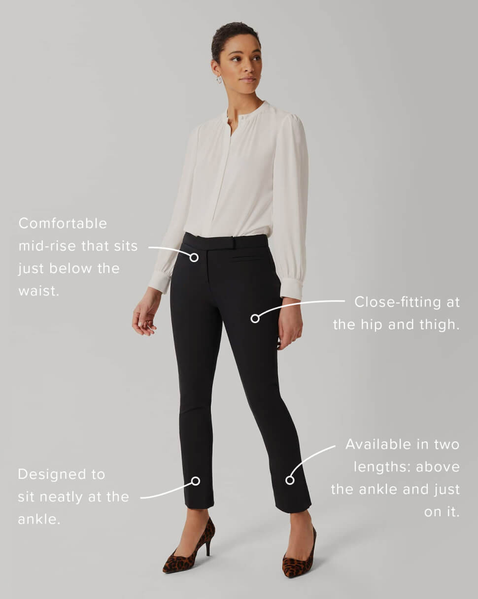 Annotated photo of a model explaining how slim trousers fit.