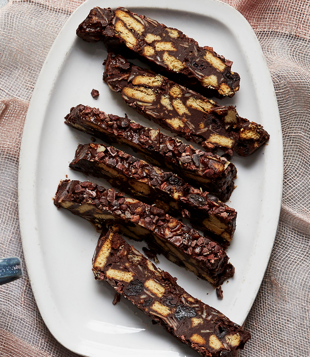 Perfect for autumn, a cherry, almond and dark chocolate tiffin 'fridge cake'.