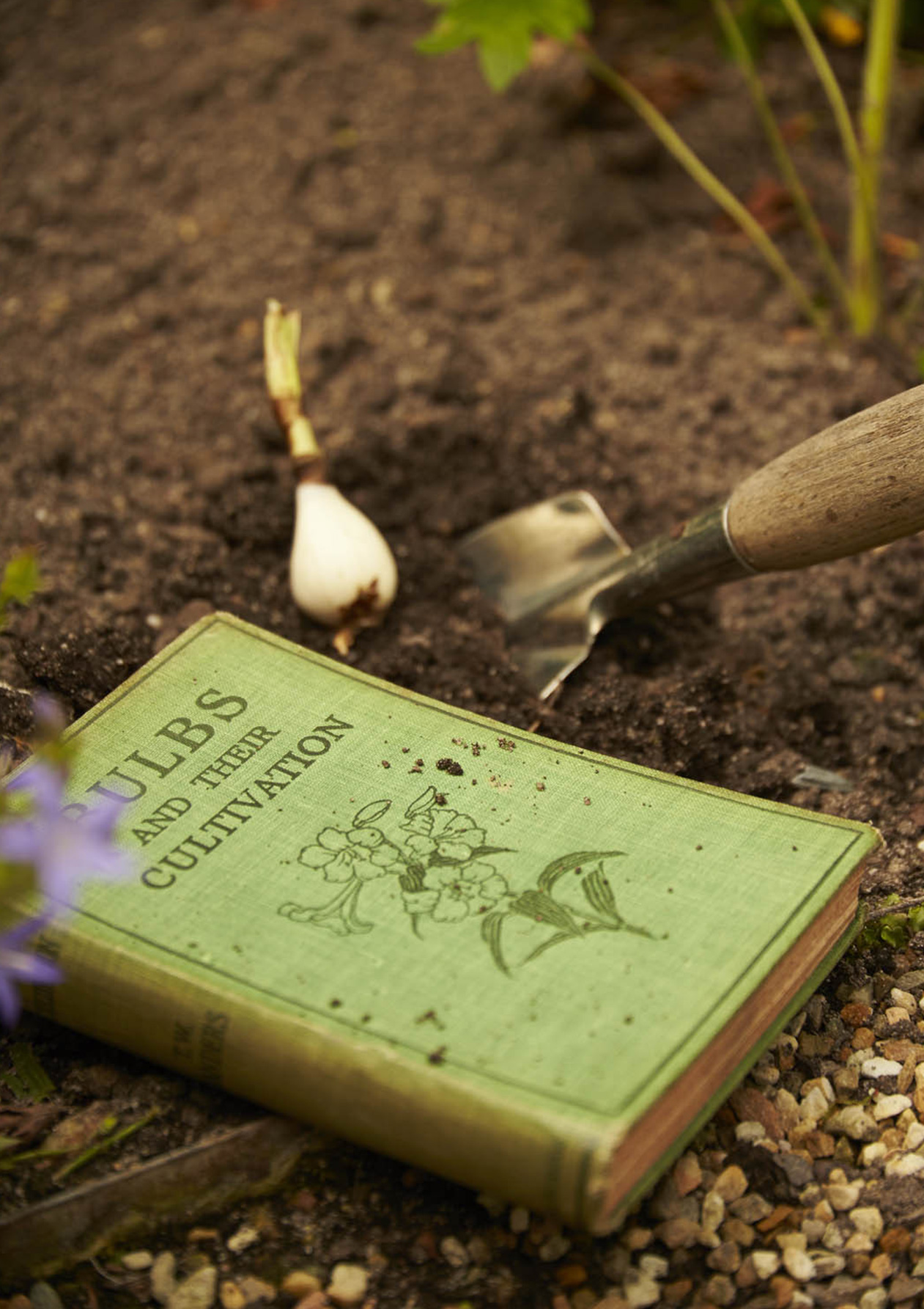 A green gardening book likes in the soil next to a trowel