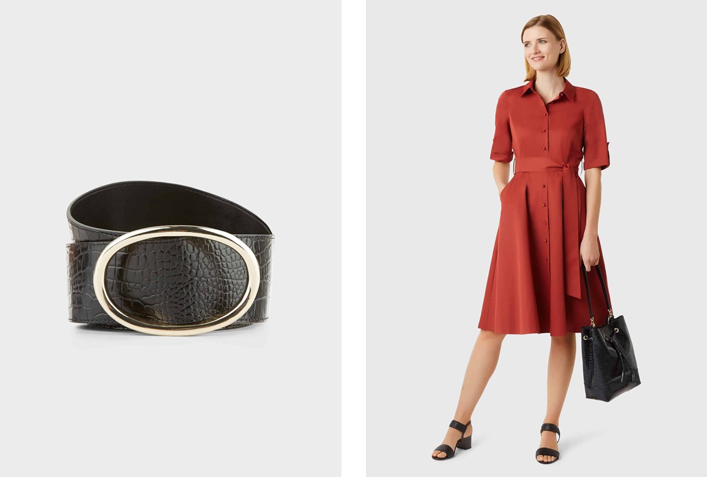 The right shows a mid-sleeved shirt dress in red with a waist-tie detail worn with heeled sandals in black and leather tote bag in black. Add a smart belt such as the one shown on the left which is a black leather belt with an embossed snake print and gold buckle to add some definition. All from Hobbs.