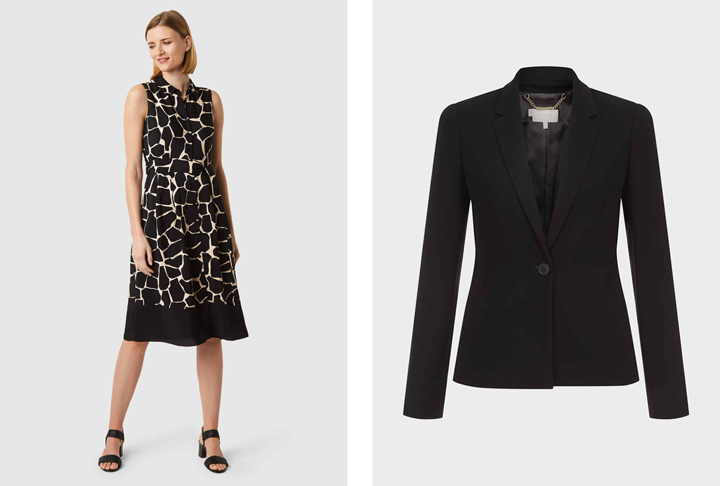 The left shows a sleeveless shirt dress with a giraffe print worn with heeled sandals by Hobbs, pair the outfit with a women’s blazer such as the one shown on the right to smarten up the look.