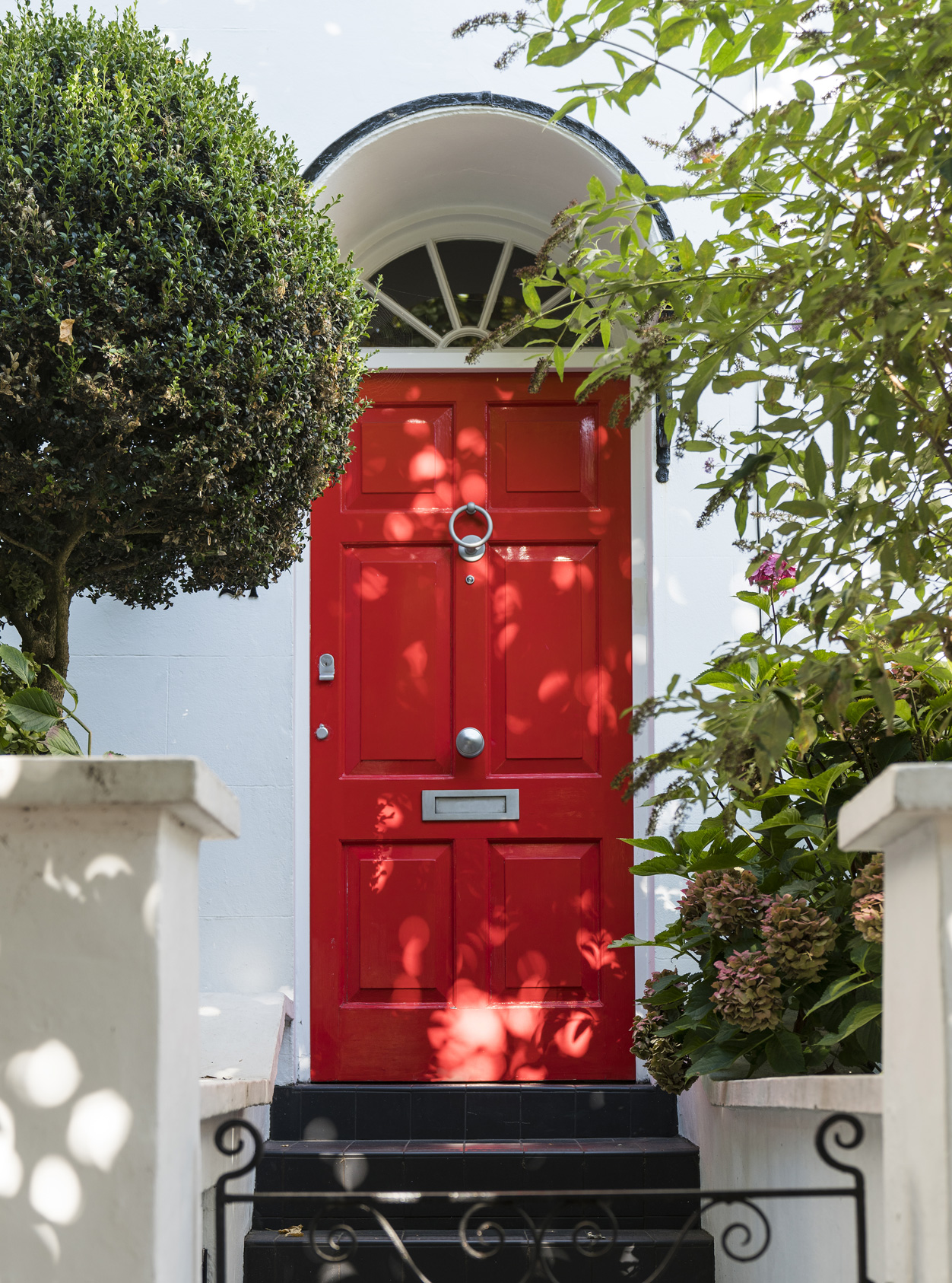 A classic hampstead townhouse frontage with a bright red front door, with surrounding greenery.