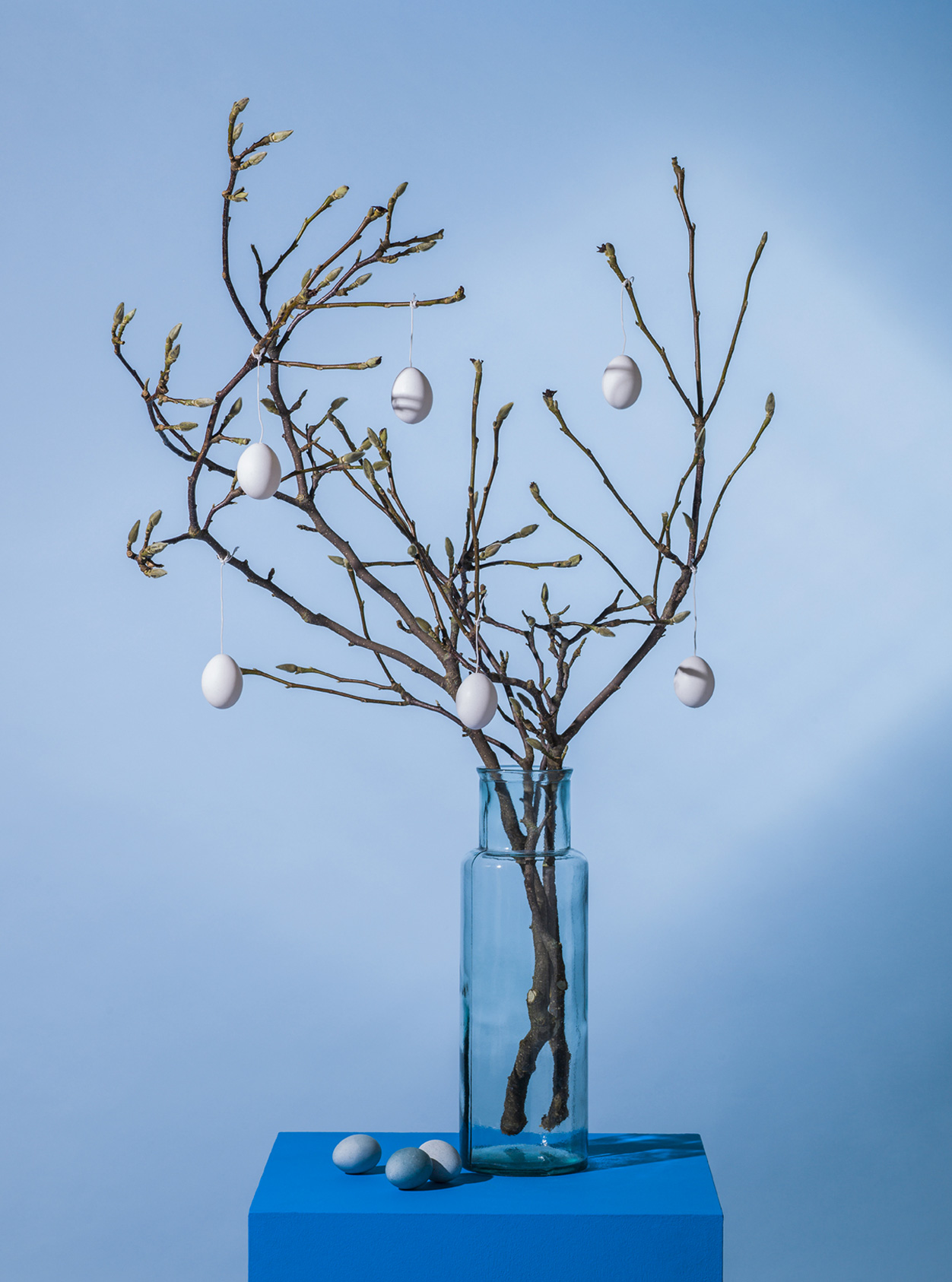 Easter themed, blue still life with branches and easter egg decoration