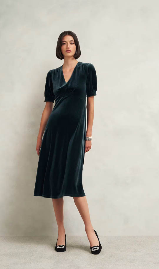 A gallery of images showing models wearing long coats over dresses, skirts and knitwear.