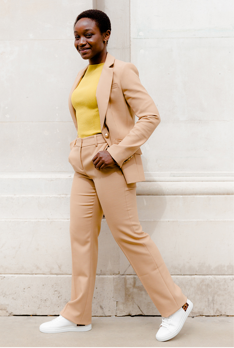 hobbs laurel camel wool blend blazer styled matching camel trousers, a yellow knit and white leather trainers