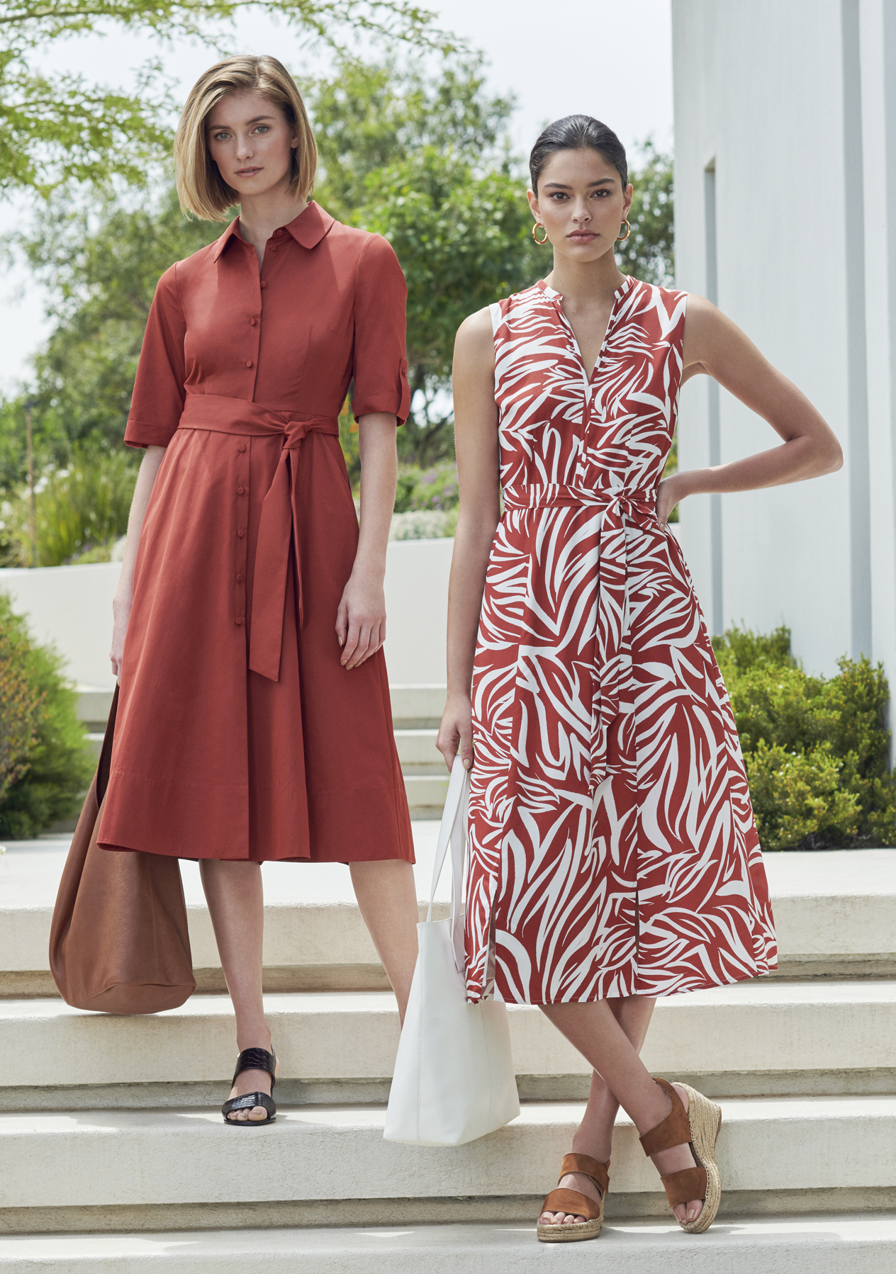 The left outfit shows a midi-length shirt dress in rust orange paired with a brown women’s bag and black sandals. The right outfit shows a sleeveless midi dress in a zebra print in red and white with a waist-tie detail paired with a white tote bag and brown espadrille wedges, all from Hobbs.