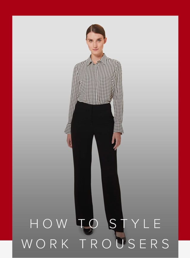  Long-sleeved work shirt with a dogtooth pattern paired with black wide leg trousers for women with black court shoes by Hobbs.