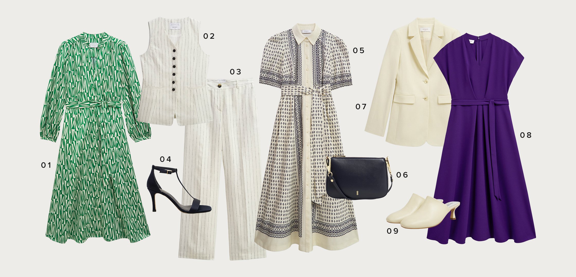  A selection of women’s clothing, curated for what to wear to the VIP section of Wimbledon.