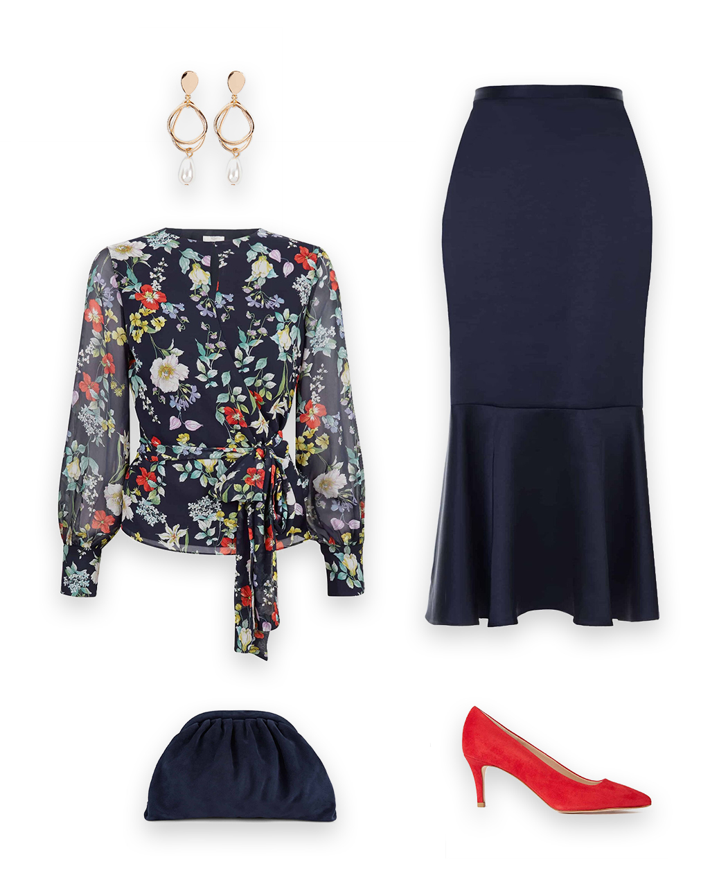 Styled for elegant evening events, the neavy floral meadow blouse with a navy blue satin midi skirt, red suede heeled court, pearl and gold earrings and navy blue clutch bag