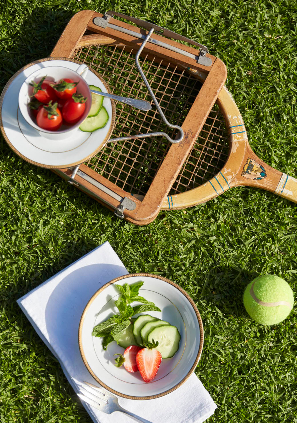 Scattered pastel tennis balls and strawberries lay on the grass