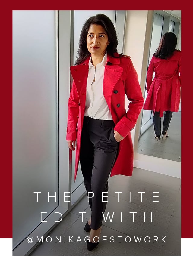 Photographed at home, fashion blogger Monika Mandal wears Hobbs petite red Saskia trench and Quin navy trousers.