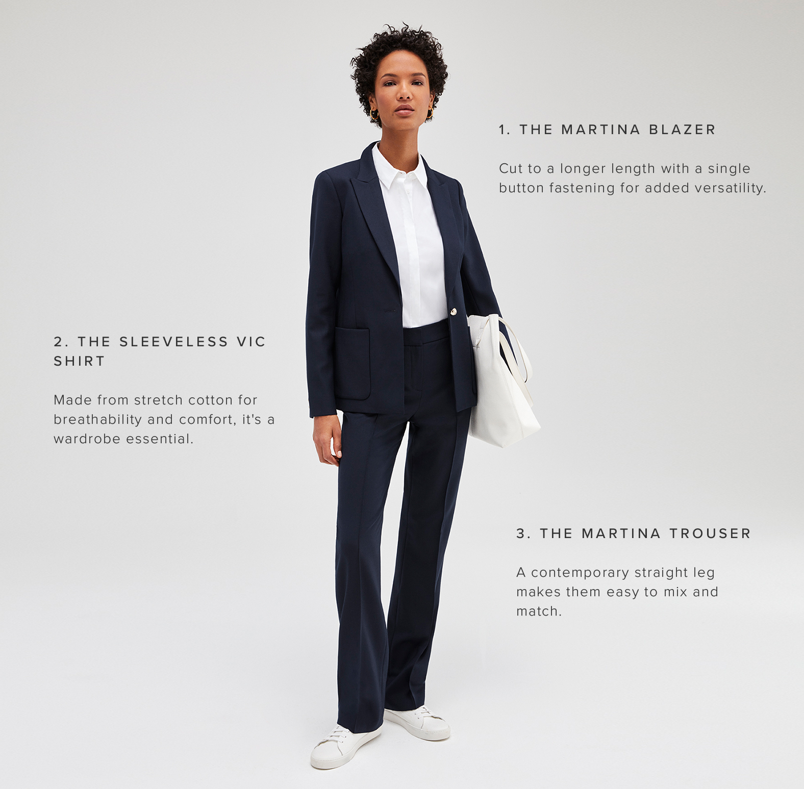 Model poses with a breakdown of Hobbs martina tailored trouser suit and how it has been designed to fit and flatter in any combination