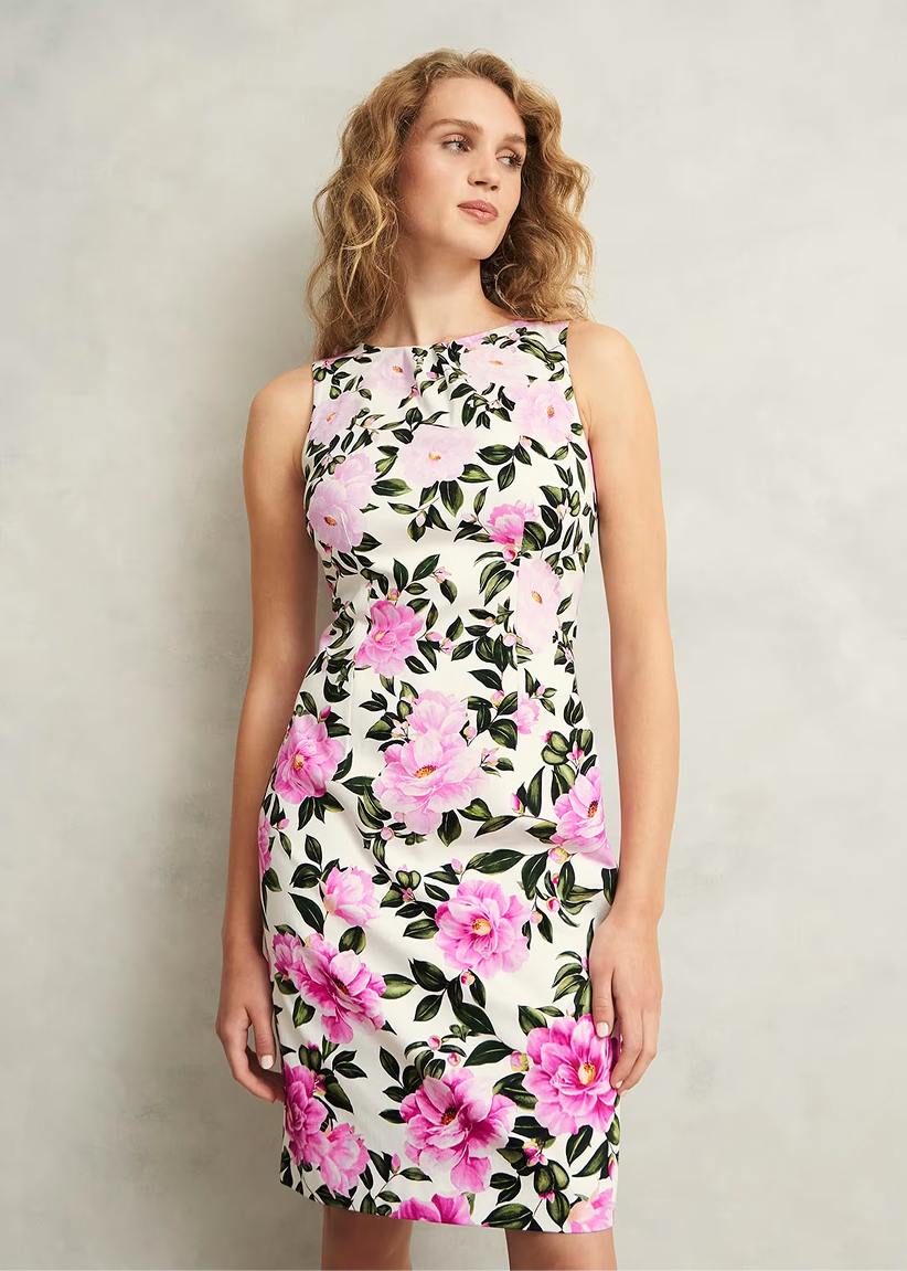 A collage of four images of models wearing floral occasion dresses from Hobbs.