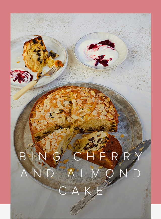 The final product, Prue Leith's Bing cherry and almond cake 