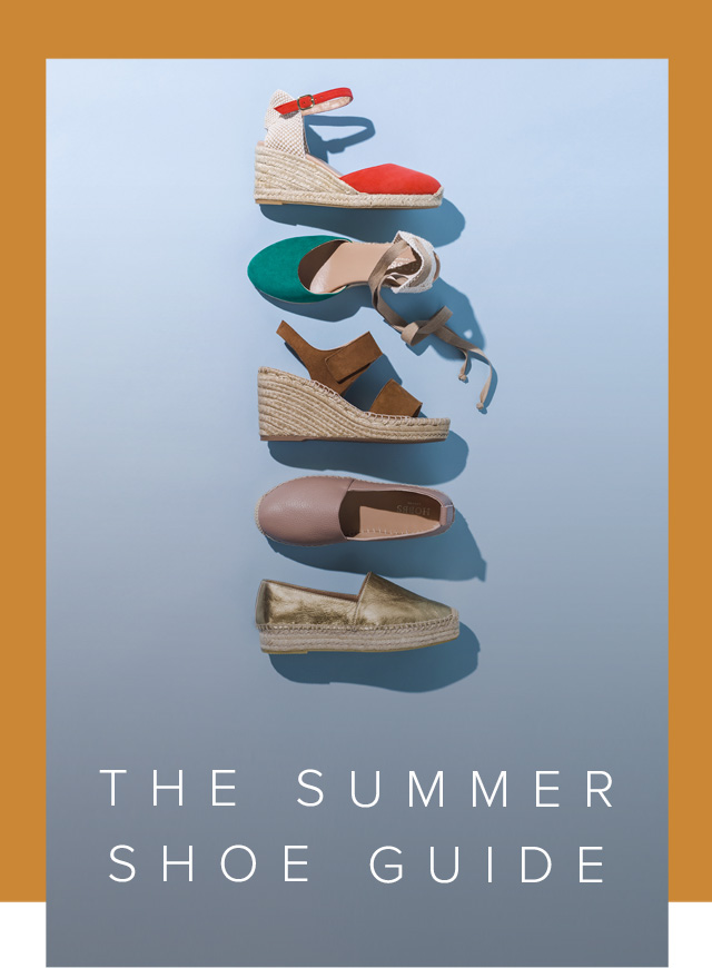 Hobbs espadrille wedges set against a blue background. From top to bottom: Red, green, brown, nude and gold.