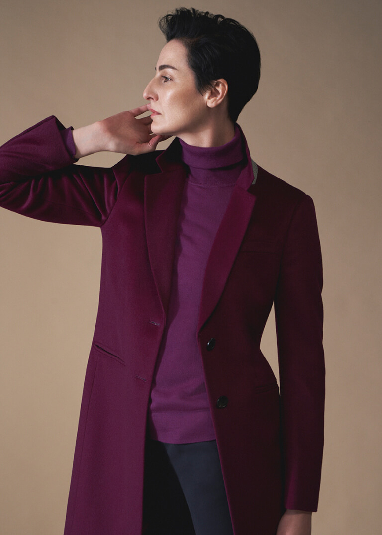 Model Erin O'Connor photographed wearing a Hobbs tailored wool coat.