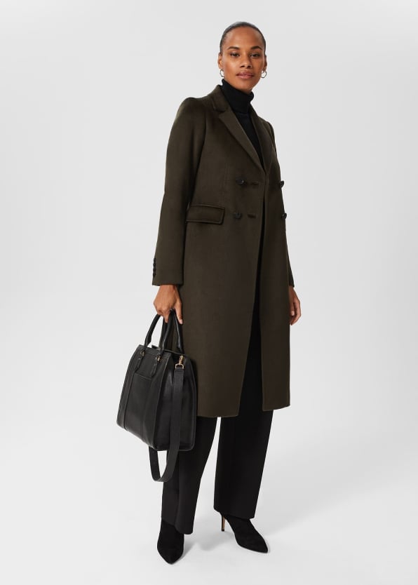 Gallery of three models wearing Hobbs tailored wool coats.