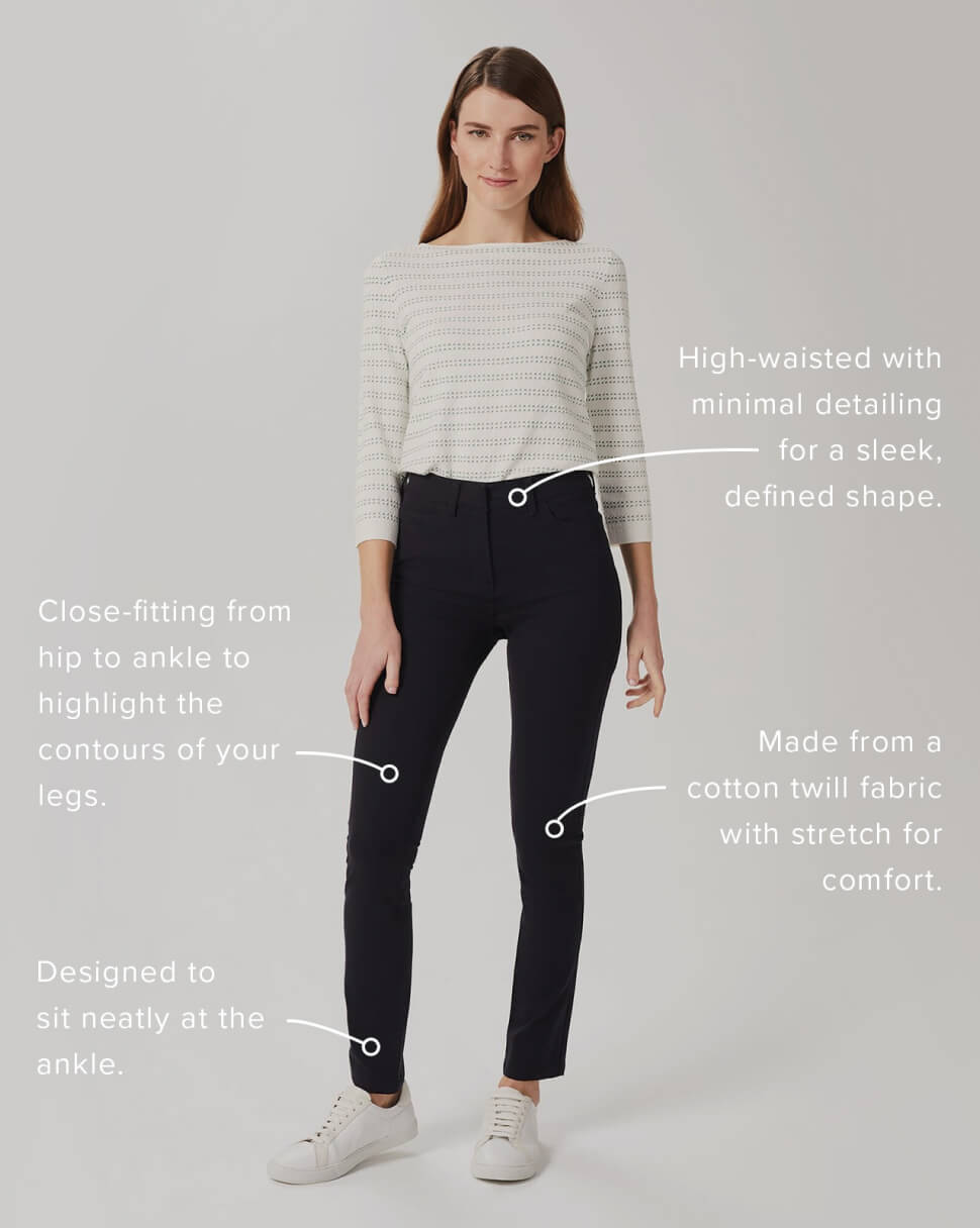 Annotated photo of a model explaining how skinny trousers fit.