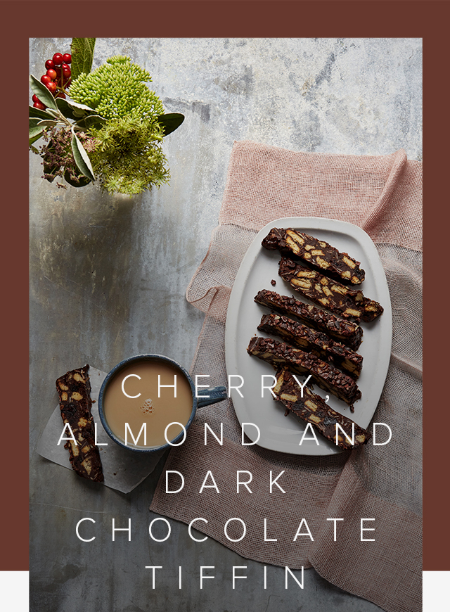 Perfect for autumn, a cherry, almond and dark chocolate tiffin 'fridge cake'.