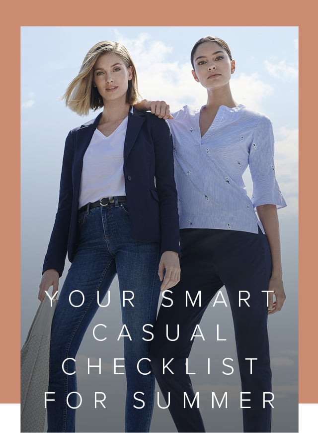 Outfit on the left features a women’s blazer in navy worn with a white t-shirt, a leather belt, blue slim fit jeans, a white leather tote bag and blue women’s trainers. Outfit on the right features a pale blue blouse with blue chinos for women and tan sandals, by Hobbs.