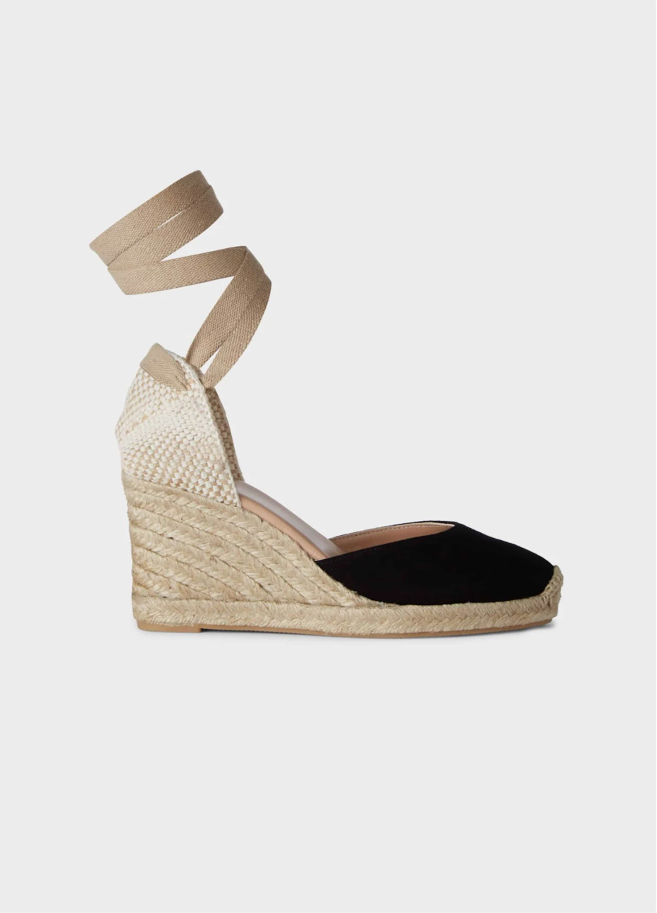 Black espadrille wedge with an ankle wrap design.