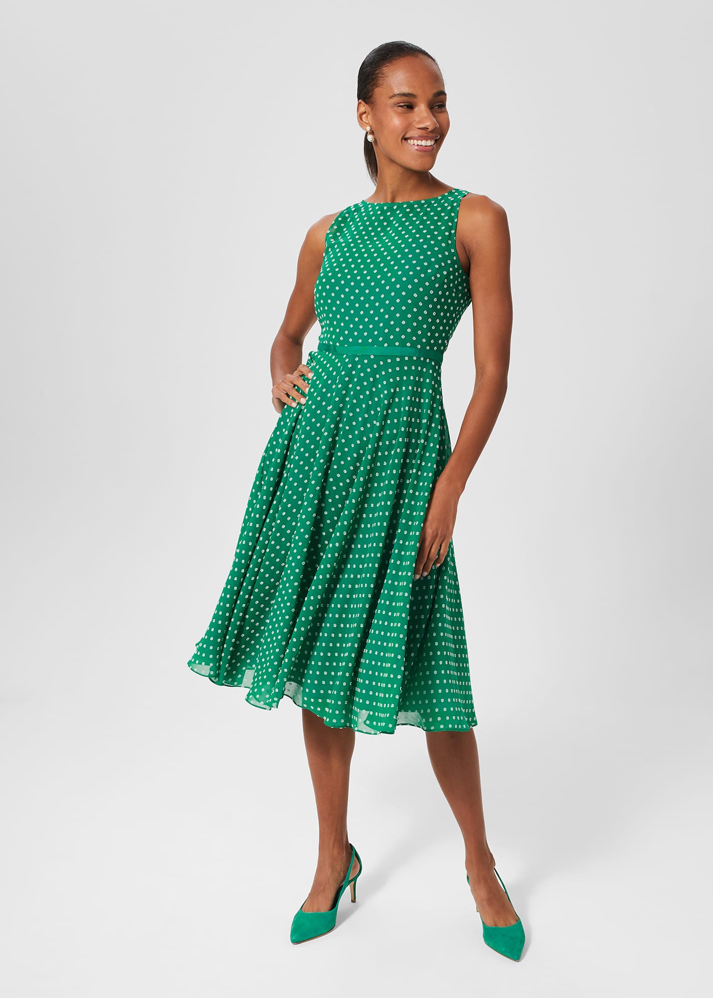 Hobbs Women's Della Spot Fit And Flare Dress - Green Ivory